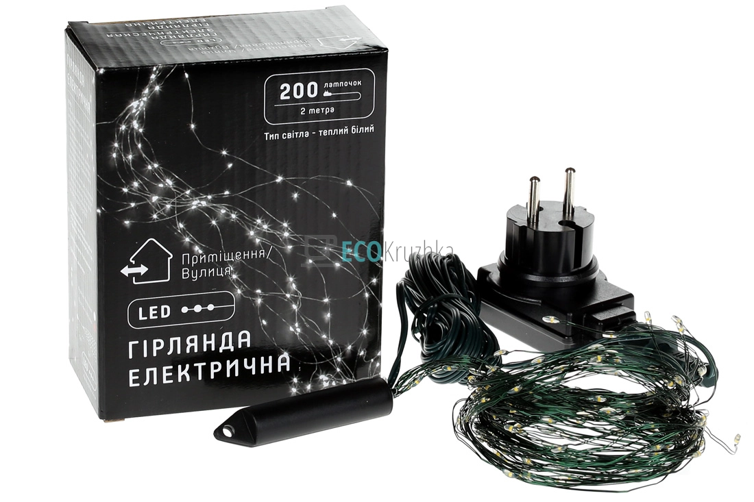 Гірлянда-пучок 200 LED, теплий білий, 10 ниток по 2 м, 20 діодів/нитка, зелений дріт, функція миготіння кожної 4-ї лампочки (830-337)