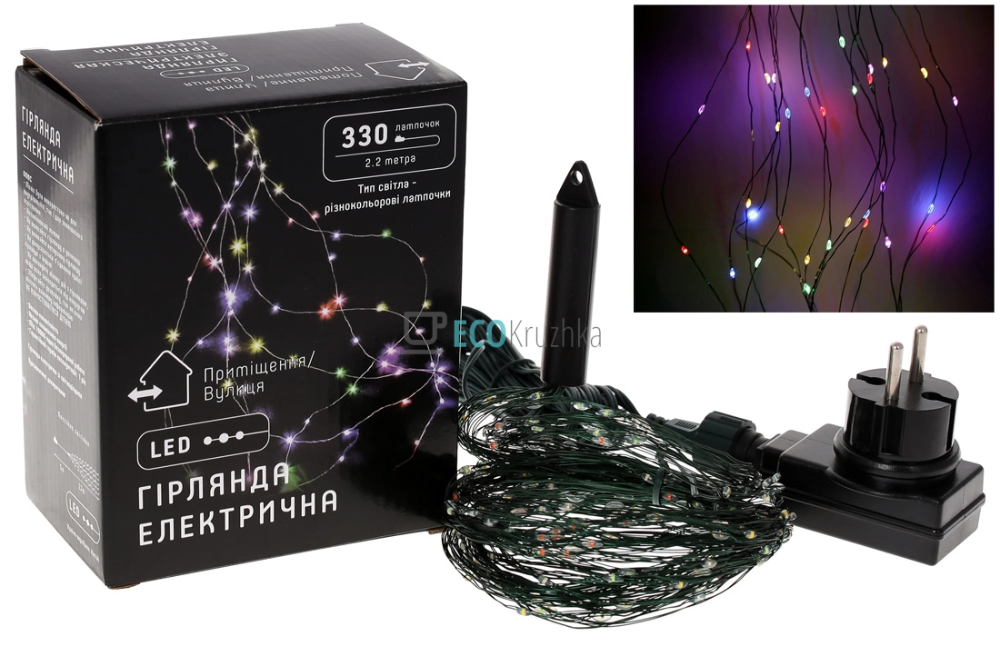 Гірлянда-пучок 330 LED, різнокольорові (червоний, жовтий, зелений), 15 ниток по 2,2 м, 22 діоди/нитка, зелений дріт 830-350